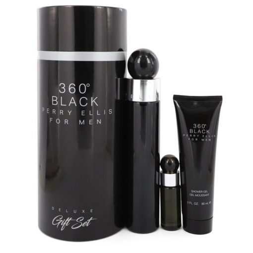 Perry Ellis 360 Black by Perry Ellis Gift Set -- 3.4 oz Eau De Toilette Spray + .25 oz Mini EDT Travel Spray + 3 oz Shower Gel