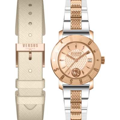 Logo Combo Box 2-Piece Rosegold Two-Tone Stainless Steel Bracelet Watch & Leather Strap Set 34mm