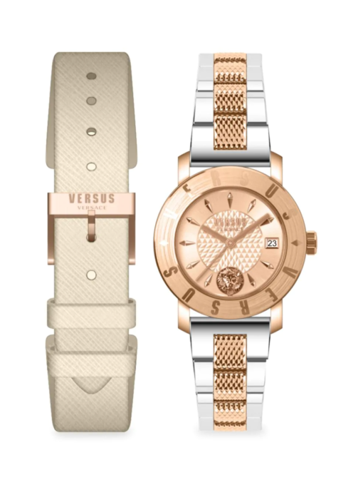 Logo Combo Box 2-Piece Rosegold Two-Tone Stainless Steel Bracelet Watch & Leather Strap Set 34mm