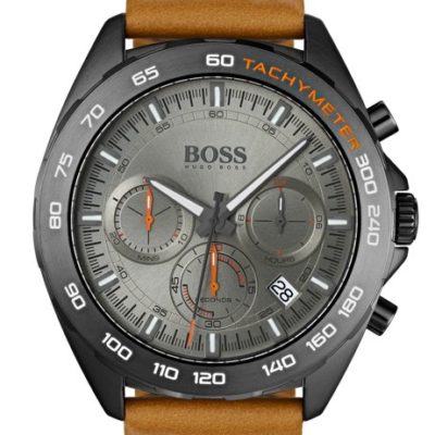 Gray-plated chronograph watch with tan leather strap 44mm