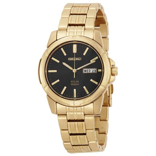 Seiko Men's Solar Black Dial Gold-tone Stainless Steel Watch SNE100